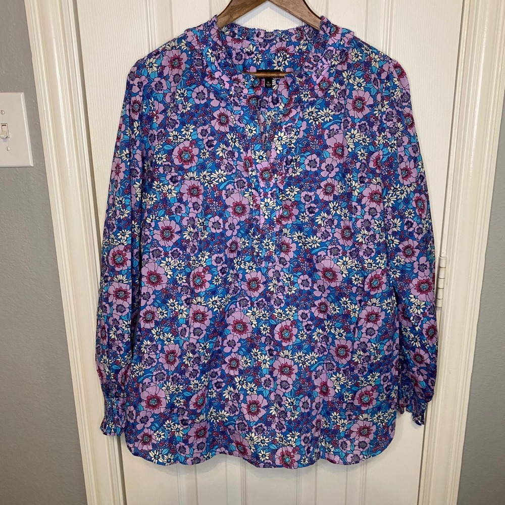 Talbots Top Womens XL Floral Cotton‎ Ruffle Neck Blue Purple Smocked Cuff Boho